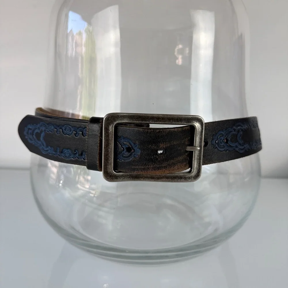 Leather Island Bill Lavin Belt Mens 36 Black Blue Embroidered Leather 3-LI8694